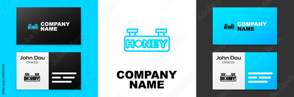 Blue line Hanging sign with honeycomb isolated on white background. Signboard icon. Honey cells symbol. Sweet natural food. Logo design template element. Vector Blue line Hanging sign with honeycomb isolated on white background. Signboard icon. Honey cells symbol. Sweet natural food. Logo design template element. Vector