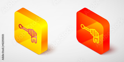Isometric line Honey dipper stick with dripping honey icon isolated on grey background. Honey ladle. Yellow and orange square button. Vector