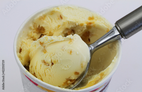Obraz na płótnie Delicious ice cream with macadamia nuts and caramel on a scoop
w salonie