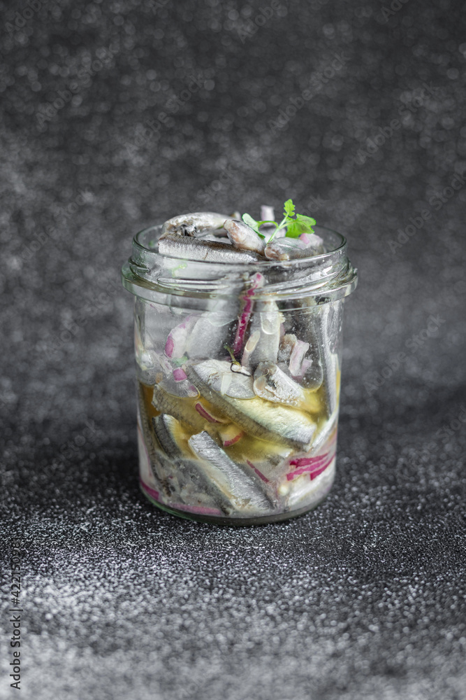 anchovy fish seafood marinated salad appetizer small herring healthy vegetarian pescetarian meal top view copy space food background rustic image anchovy fish seafood marinated salad appetizer small herring healthy vegetarian pescetarian meal top view copy space food background rustic image