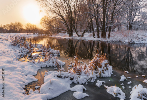Frost winter river on sunrise