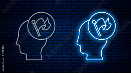 Glowing neon line Hand holding flag icon isolated on brick wall background. Victory, winning and conquer adversity concept. Vector