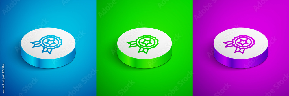 Isometric line Medal icon isolated on blue, green and purple background. Winner symbol. White circle button. Vector Isometric line Medal icon isolated on blue, green and purple background. Winner symbol. White circle button. Vector