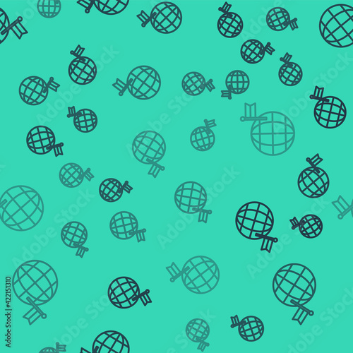 Black line Planet with flag icon isolated seamless pattern on green background. Victory, winning and conquer adversity concept. Vector