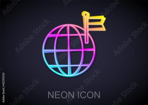 Glowing neon line Planet with flag icon isolated on black background. Victory, winning and conquer adversity concept. Vector