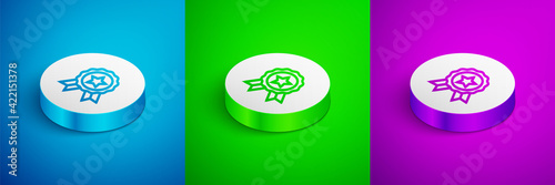 Isometric line Medal icon isolated on blue  green and purple background. Winner symbol. White circle button. Vector