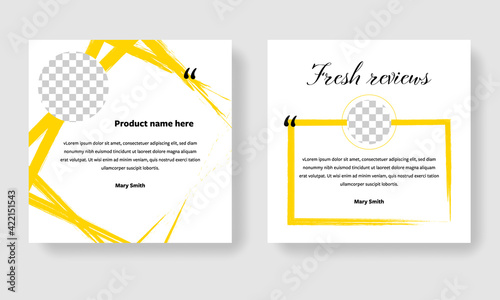 Yellow social media layouts, brush design elements in square layouts for customers testimony or reviews template