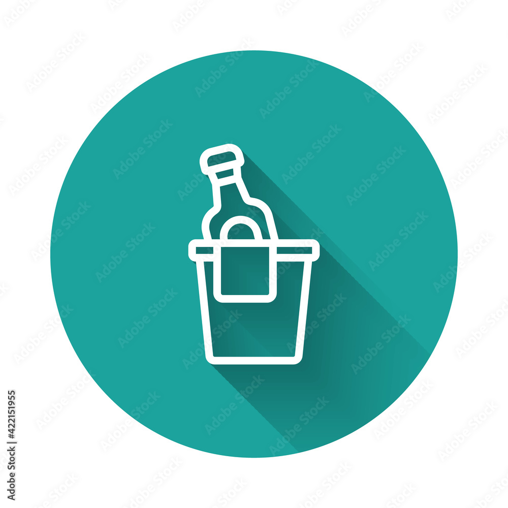 White line Bottle of champagne in an ice bucket icon isolated with long shadow background. Green circle button. Vector White line Bottle of champagne in an ice bucket icon isolated with long shadow background. Green circle button. Vector