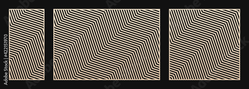 Laser cut decorative panel set. Vector template with abstract geometric pattern, zig zag lines, stripes, chevron. Laser cutting stencil for wood, metal, plastic, paper. Aspect ratio 1:2, 3:2, 1:1