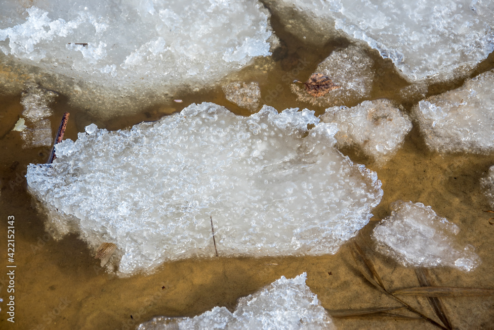Loose broken ice on the river near the shore on a spring sunny day. Loose broken ice on the river near the shore on a spring sunny day.