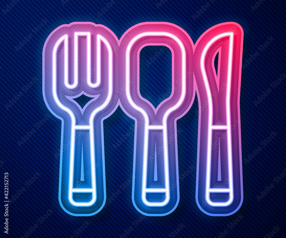 Fototapeta premium Glowing neon line Fork, spoon and knife icon isolated on blue background. Cooking utensil. Cutlery sign. Vector