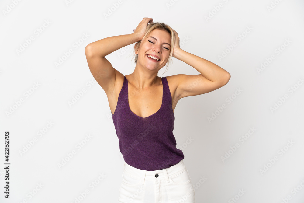 Young Russian woman isolated on white background laughing Young Russian woman isolated on white background laughing