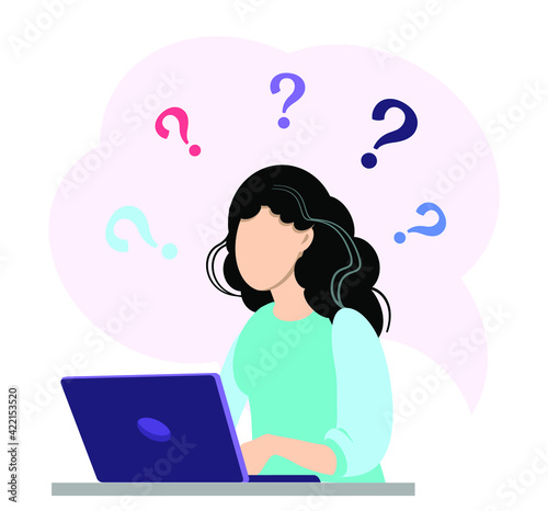 Question marks with young woman using her laptop on. Vector illustration.