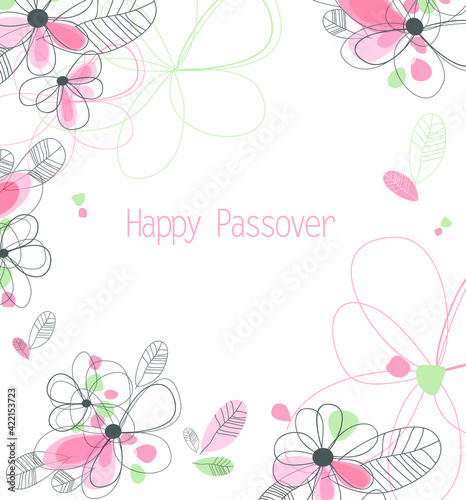 Happy Passover card with floral decoration, Passover in Hebrew. Vector illustration