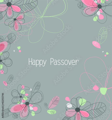 Happy Passover card with floral decoration, Passover in Hebrew. Vector illustration