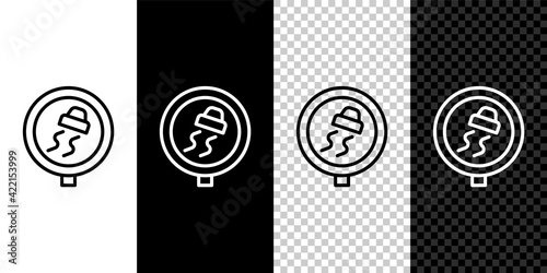 Set line Slippery road traffic warning icon isolated on black and white  transparent background. Traffic rules and safe driving. Vector