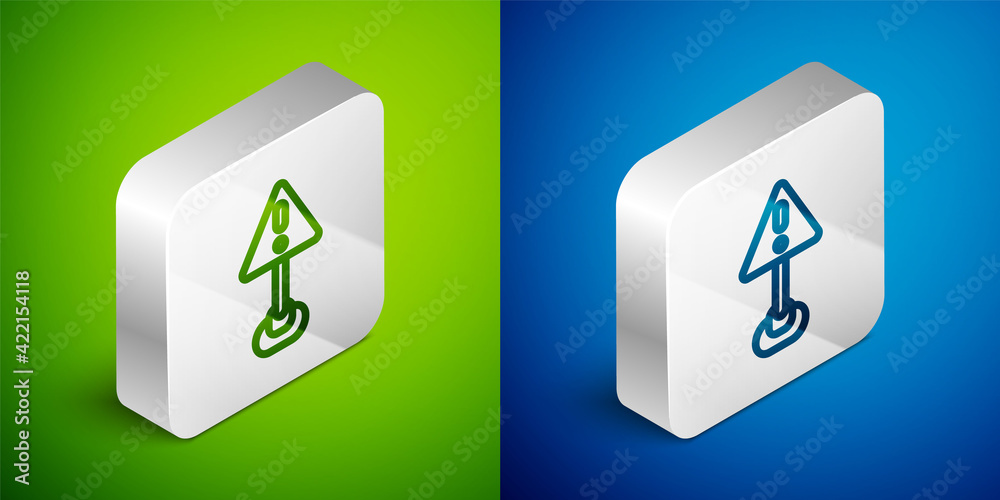 Isometric line Exclamation mark in triangle icon isolated on green and blue background. Hazard warning sign, careful, attention, danger warning important sign. Silver square button. Vector Isometric line Exclamation mark in triangle icon isolated on green and blue background. Hazard warning sign, careful, attention, danger warning important sign. Silver square button. Vector