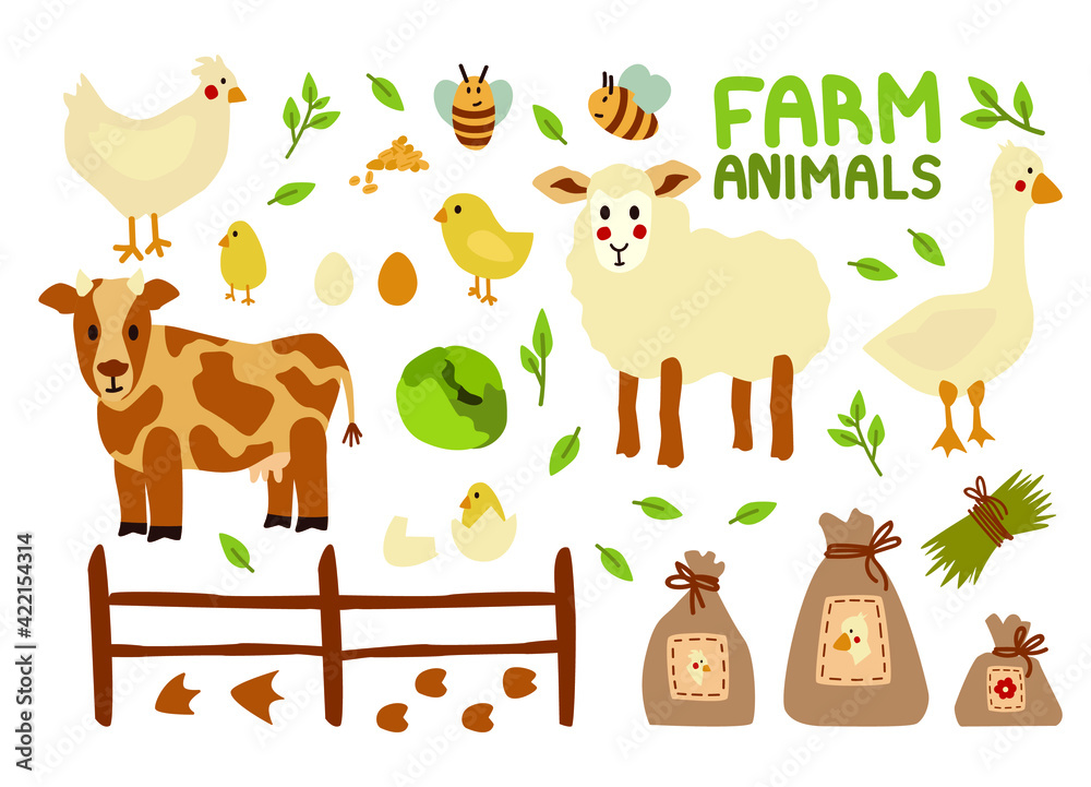 Obraz premium Set of farm animals and birds - goose, chicken, cow, lamb, chickens and bags of food. Vector illustration. Eco-style elements for packaging and textile design, children's games, scrapbooking 