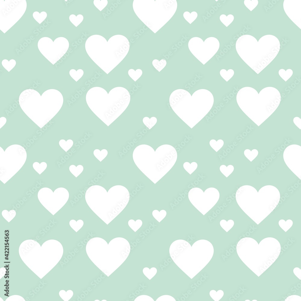 Colorful seamless pattern with hearth symbol and pastel green background