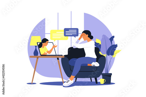 Online therapy and counselling under stress and depression. Young woman psychotherapist supports female with psychological problems. Vector