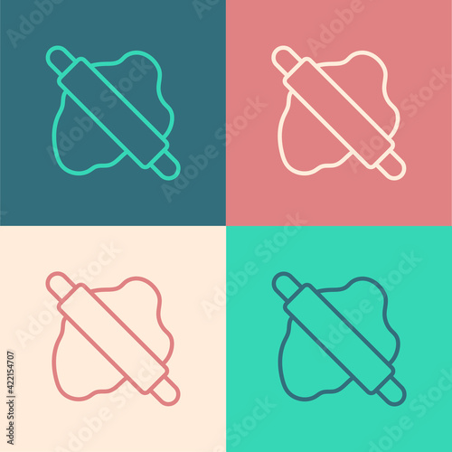 Pop art line Rolling pin on dough icon isolated on color background. Vector