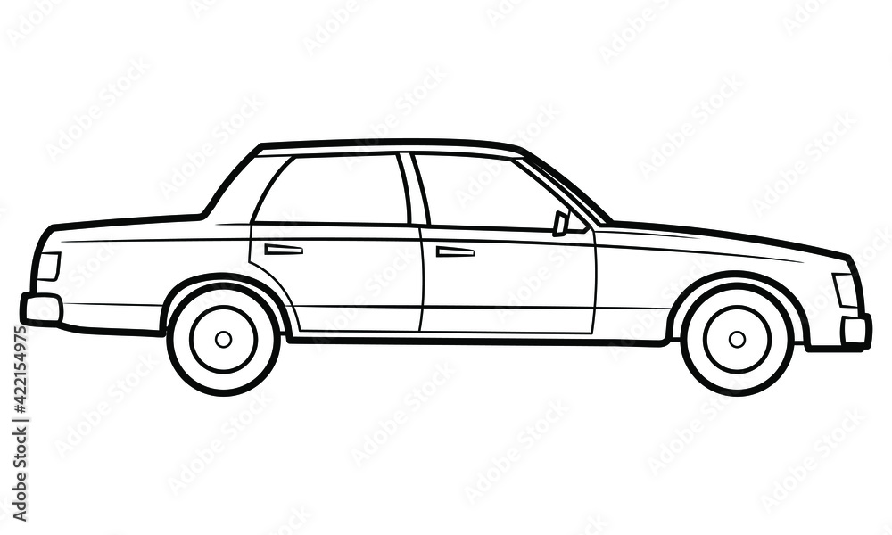 Classic sedan car illustration  - simple line art contour of vehicle.