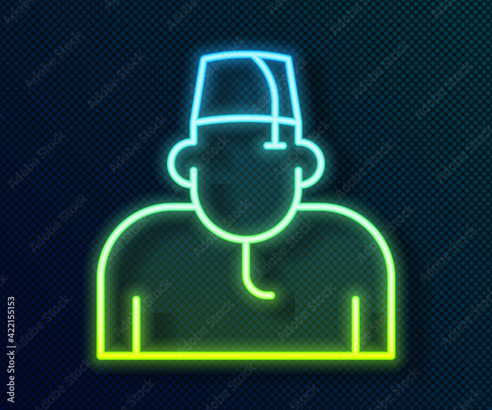 Glowing neon line Muslim man icon isolated on black background. Vector Glowing neon line Muslim man icon isolated on black background. Vector
