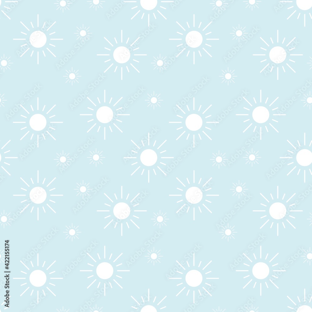 Colorful seamless pattern with sun symbol and pastel blue background