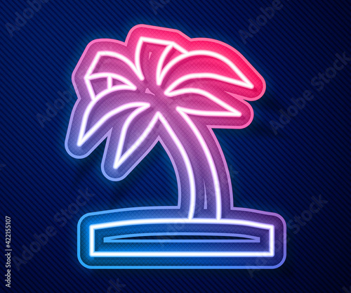 Glowing neon line Tropical palm tree icon isolated on blue background. Coconut palm tree. Vector