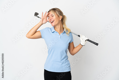 Young Russian golfer woman isolated on white background smiling a lot