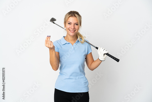 Young Russian golfer woman isolated on white background making money gesture