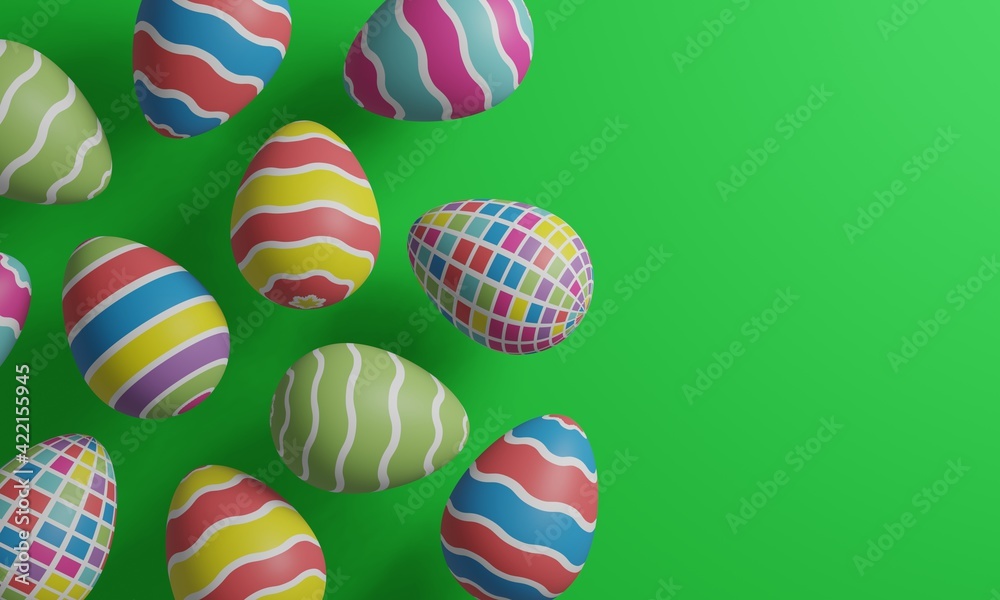 Easter eggs with a colorful bright geometric pattern on a green background. 3d render illustration.