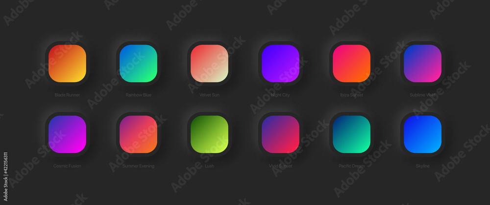 Modern Vivid Color Bright Gradients Set Vector For UI UX Design On Dark Neumorphic Abstract Background. Different Variations Gradient Schemes For Graphic Design And Web Or Mobile Application