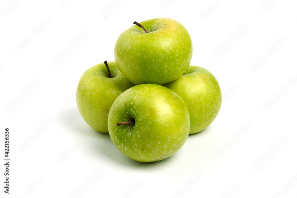 Three fresh whole and sliced apples on wooden piece Three fresh whole and sliced apples on wooden piece