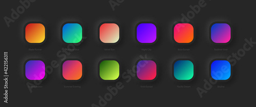 Modern Vivid Color Bright Gradients Set Vector For UI UX Design On Dark Neumorphic Abstract Background. Different Variations Gradient Schemes For Graphic Design And Web Or Mobile Application