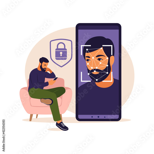 Facial recognition system concept. Face ID, face recognition system. Facial biometric identification system scanning on smartphone. Mobile app for face recognition. Vector illustration