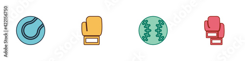 Set Tennis ball, Boxing glove, Baseball and icon. Vector