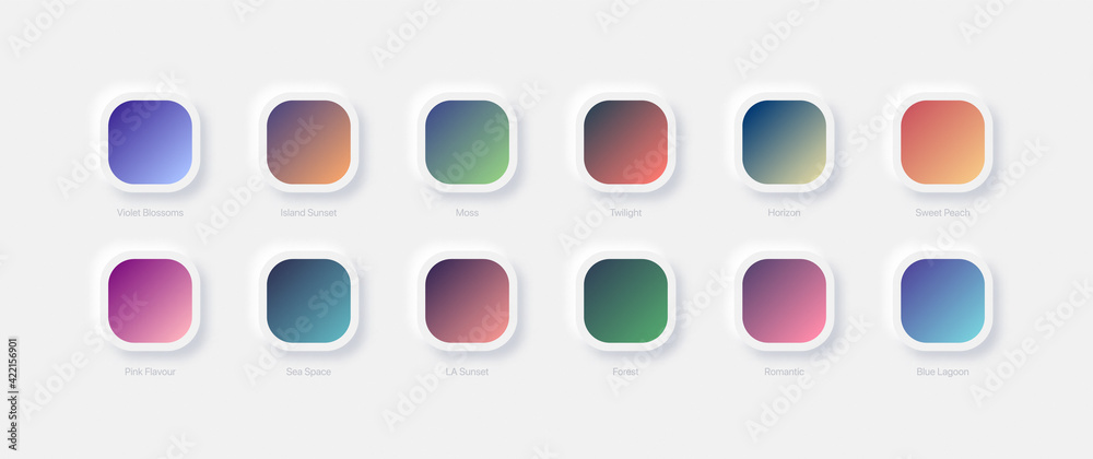 Modern Vivid Color Bright Gradients Set Vector For UI UX Design On White Neumorphic Abstract Background. Different Variations Gradient Schemes For Graphic Design And Web Or Mobile Application
