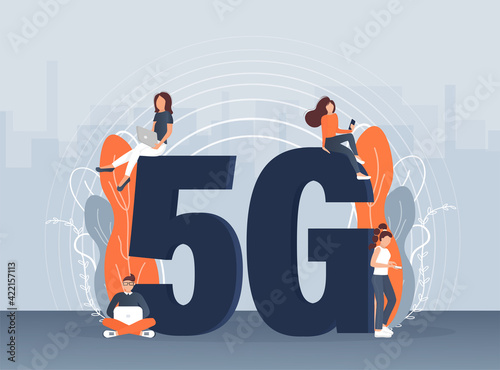 Flat 5g people on light background. Digital communication. Internet technology.