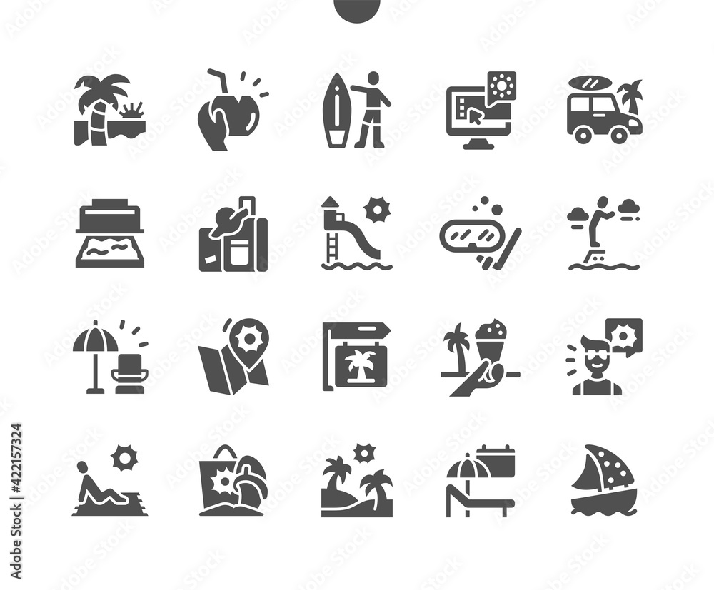 Rest in warm lands. Surfing and snorkeling. Tropics, aquapark, nature, recreation, sea, ocean, vacations, holiday, adventure and travelling. Vector Solid Icons. Simple Pictogram