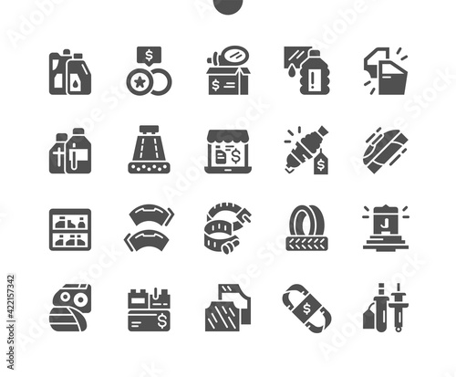Car parts shop. Car oil, wheels, mirrors, hose clamps, spark plug and other. Auto chemical goods. Car repair and garage. Vector Solid Icons. Simple Pictogram