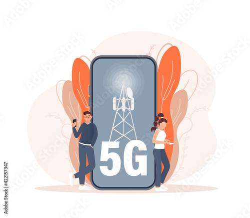 Flat 5g people on light background. Digital communication. Internet technology.