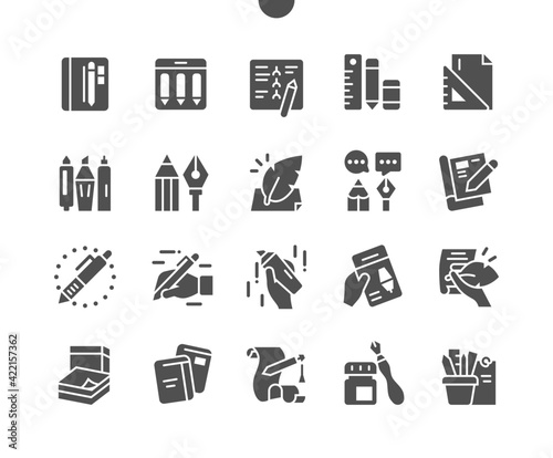 Writing tools. Notebooks. Stationery, pencil, pen, marker, case, instrument, calligraphy, education and school. Vector Solid Icons. Simple Pictogram