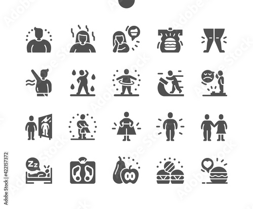 Overweight. Weighing scale. Running track. Unhealthy, big, obesity, belly, health and disease. Sport for overweight people. Vector Solid Icons. Simple Pictogram