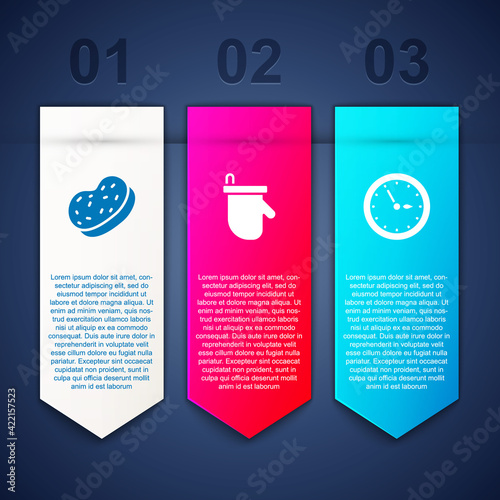 Set Bath sponge, Sauna mittens and clock. Business infographic template. Vector
