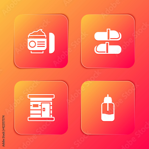 Set Cream or lotion cosmetic tube, Sauna slippers, wooden bathhouse and Essential oil bottle icon. Vector