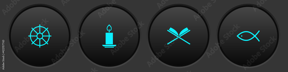Set Dharma wheel, Burning candle, Holy book of Koran and Christian fish icon. Vector Set Dharma wheel, Burning candle, Holy book of Koran and Christian fish icon. Vector