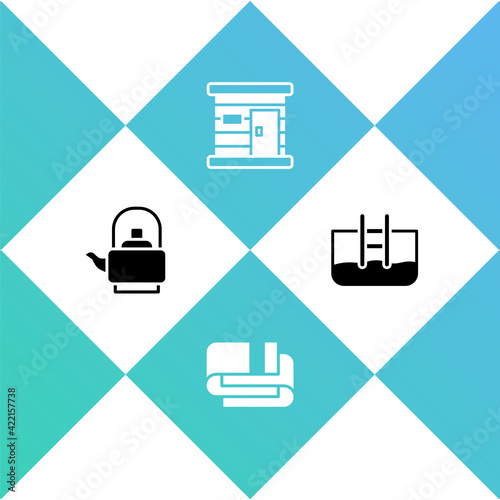 Set Kettle with handle, Towel stack, Sauna wooden bathhouse and Swimming pool ladder icon. Vector