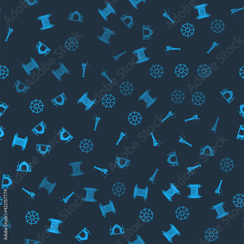 Set Decree, paper, parchment, scroll, Aspergillum, Dharma wheel and Hindu spiritual temple on seamless pattern. Vector