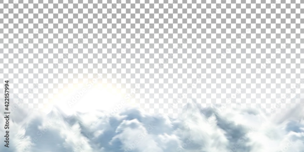 Vector realistic isolated cloud sky with Sun for template decoration and covering on the transparent background. Concept of storm and cloudscape. Vector realistic isolated cloud sky with Sun for template decoration and covering on the transparent background. Concept of storm and cloudscape.